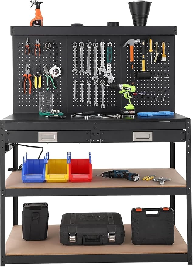 48'' 3-Tier Adjustable Workbench, Heavy Duty Workbench with Drawer and Backplate, 2000 LBS Capacity Work Table, Suitable for Office, Garage, Workshop
