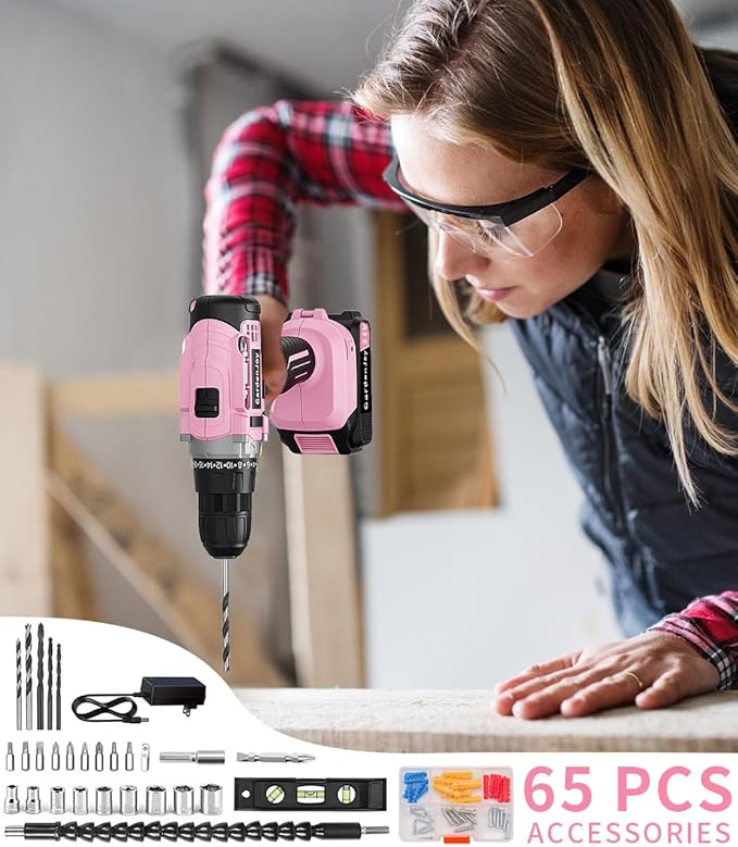 GardenJoy Cordless Power Drill Set - 21V Electric Drill Driver Kit with Battery and Fast Charger, 65pcs Acessories, 2 Variable Speed Control, 3/8-Inch Keyless Chuck and 24+1 Torque Setting