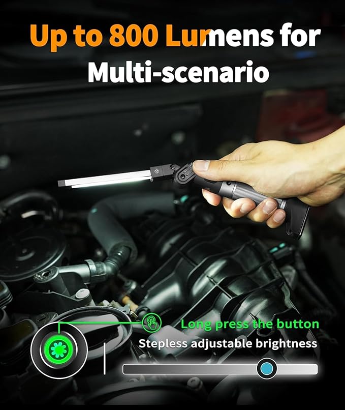 Magnetic Work Light - 800 Lumens Rechargeable Work Light with Multifunctional Foldable Design, 2200 mAh Mechanic Light, 3 Lighting Modes Magnetic Flashlight for Car Repairing/Emergency, 1 Pack