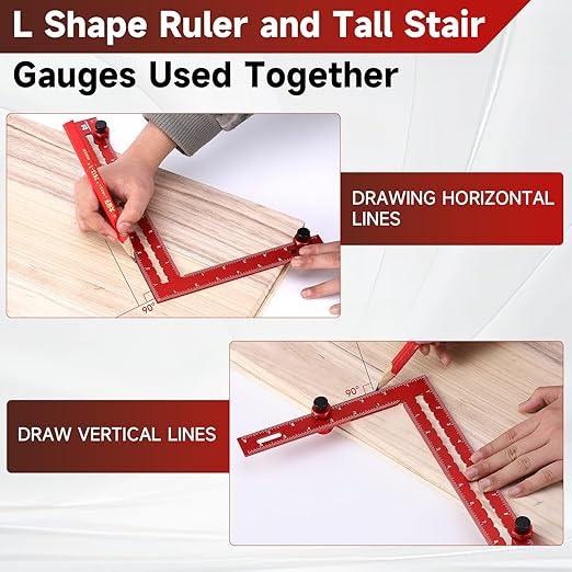 Carpenter Square 8 x 12 Inch and Tall Stair Gauges Set, for Framing Square Stop with Holder and Hook, Aluminum L Shape Angle Right Ruler, Red