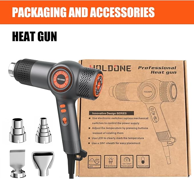 Heat Gun Fast Heating 1800W 122℉-1202℉ LED 3-color light to display temperature Shrink wrap heat gun with 4 Nozzles for Soften,Car film,Drying