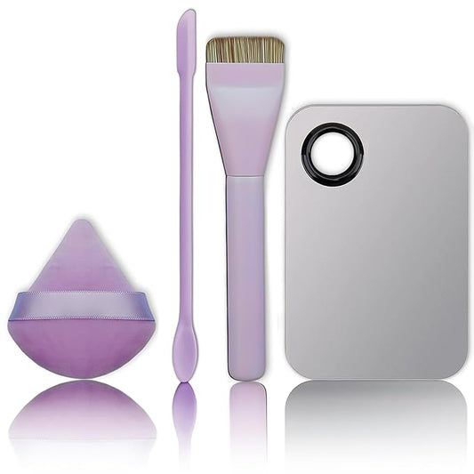 Makeup Brush Set - Flat Foundation Brush, Blender Sponge, Face Spatula, Puff & Heart-Shaped Mixing Palette with Leather Case – Complete Face Makeup Tool Kit for Blending, Foundation & Application-VeraVaultWomen