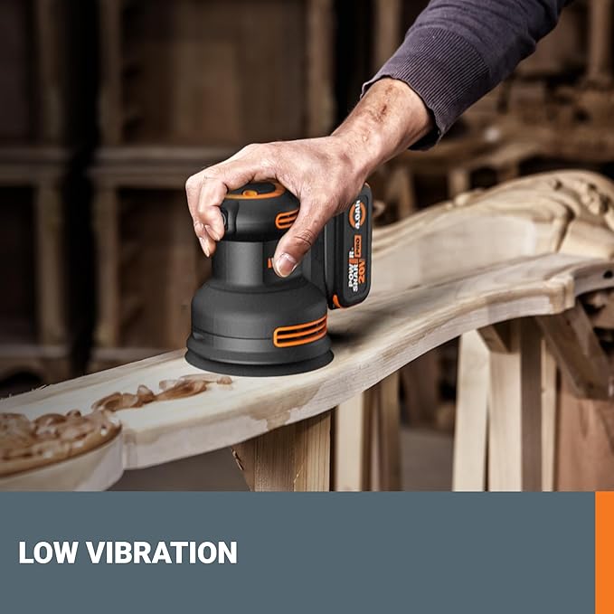 Worx 20V Cordless Random Orbital Sander, Brushless, 150/120/80 Grit Sanding Paper, Cordless Orbital Sander with 1 x 4.0 Ah Battery and 1 X 2 A Fast Charger, WX823L