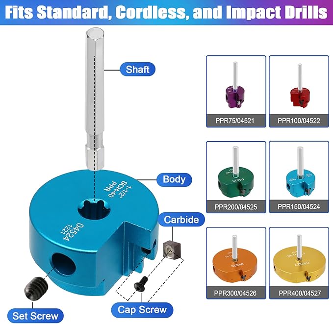 04529 Colored PVC Pipe Reamer, PPRK6 Plastic PVC Pipe Fitting Reamer Kit, Pvc Fitting Saver Fit into Standard 1/2" Drills Pipe Reamer Tool Contains PPR75, PPR100, PPR150, PPR200, PPR300, PPR400