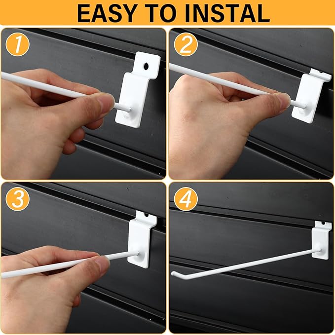 Moxweyeni 100 Pack Slatwall Hooks Slatwall Accessories Slat Wall Hanging Pegboard Hangers Slat Board Display Hooks for Retail Garage Organization Gridwall, White(9.8 Inch)