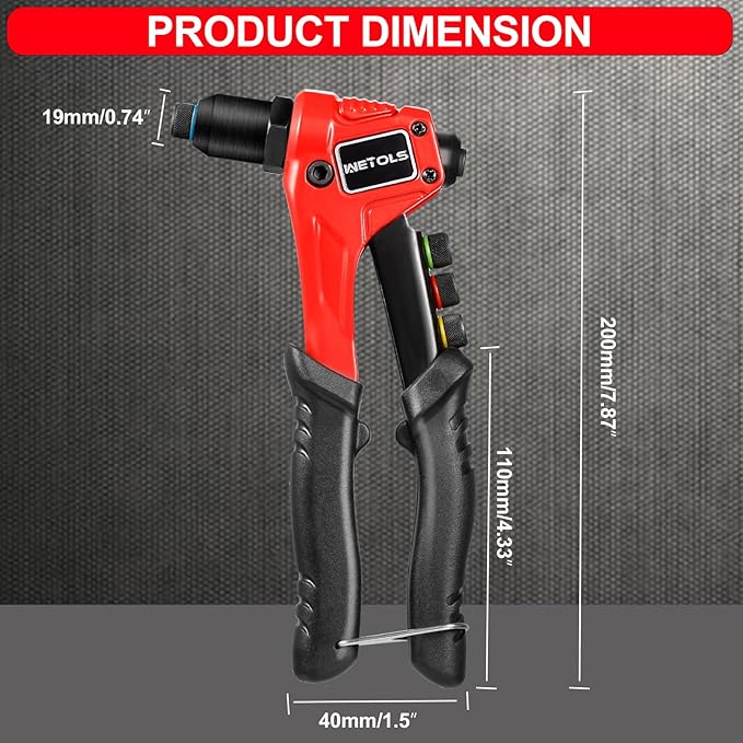WETOLS Pop Rivet Gun Kit with 200 Blind Rivets, Upgraded Manual Single Hand Riveter with 4 Tool-Free Interchangeable Rivet Heads and 4 Drill Bits, Pop Rivet Tool Kit with Sturdy BMC Carrying Case