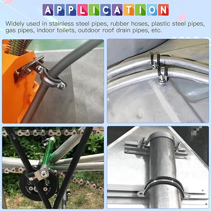 Glarks 16Pcs 8MM 2 Hole U-Tube Strap Clamp Set - 304 Stainless Steel With Rubber Cushion, Rigid Pipe U Bracket Assortment Kit for Fixing (8mm)