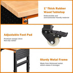 60" Adjustable Workbench for Garage, Rubber Wood Shop Table W/Wheels & Double Pegboards & Drawer, 2000 LBS Load Capacity Hardwood Worktable for Workshop, Garage, Office, Home, Commercial