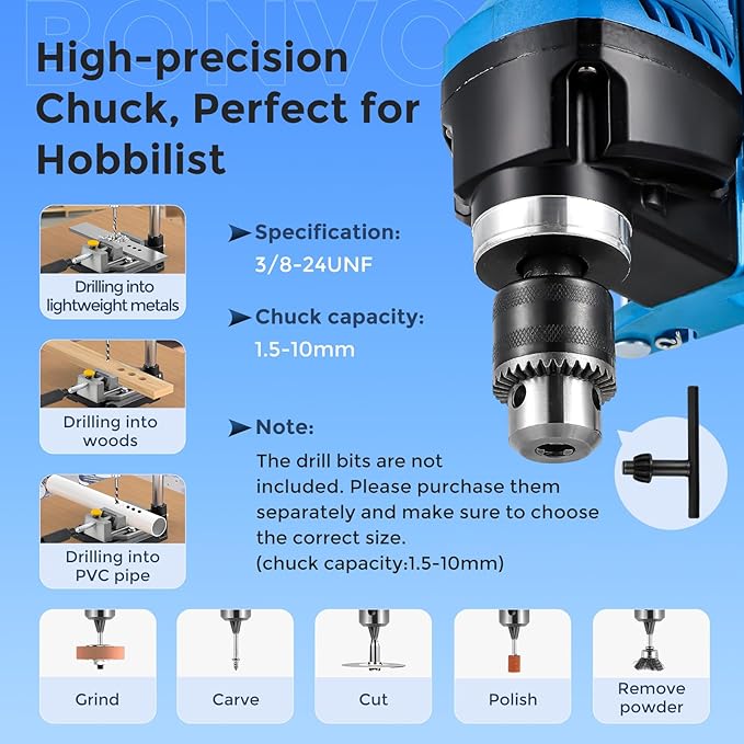 Bonvoisin Benchtop Drill Press with Square Hole Drill Bit, Bench Mortising Machine for Woodworking, 860W Electric Drilling Machine Chuck Capacity 1.5-10mm
