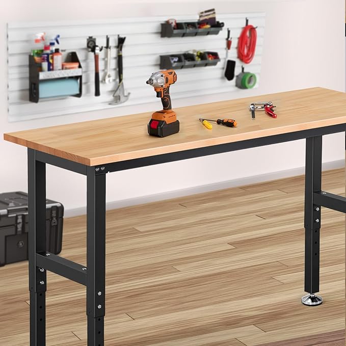 Work Bench 60 Inch Work Table for Garage Heavy Duty Rubberwood Tabletop Workbench for Woodworking Shop Home Office Electronic Cutting Wood