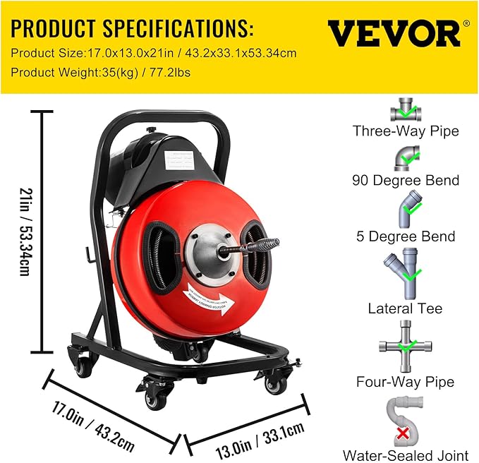 VEVOR 50FT x 1/2Inch Sewer Snake Cleaning Machine on 4 Wheels Electri Drain Auger with 4 Cutters & Foot Switch for 1''-4'' Pipes, Red, Black
