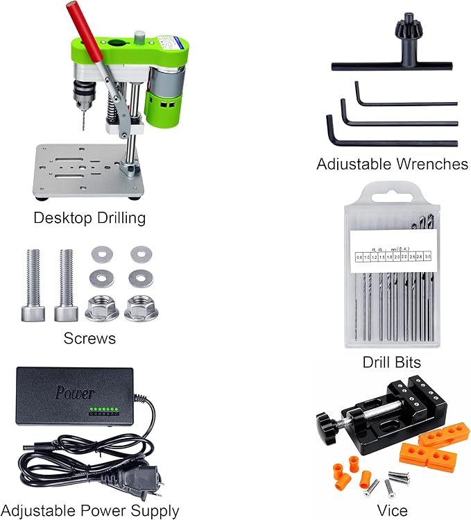 Mini Drill Press, Benchtop Drill Press, Electric Portable Drilling Machine, CNC 795 Motor, B10 Chuck, Drill Bit and Clamp for Wooden, Metal, Jewelry DIY and other DIY Crafts Projects, Green
