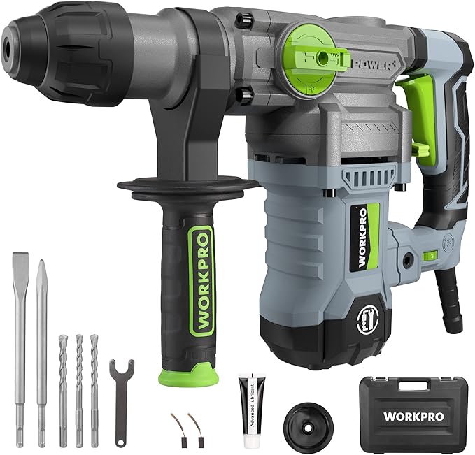 WORKPRO Premium 1-1/4 Inch SDS-Plus Rotary Hammer Drill, 12.5AMP, Heavy Duty Corded Version for Concrete Demolition Chipping Rotomartillo, 5 SDS-Plus Bits