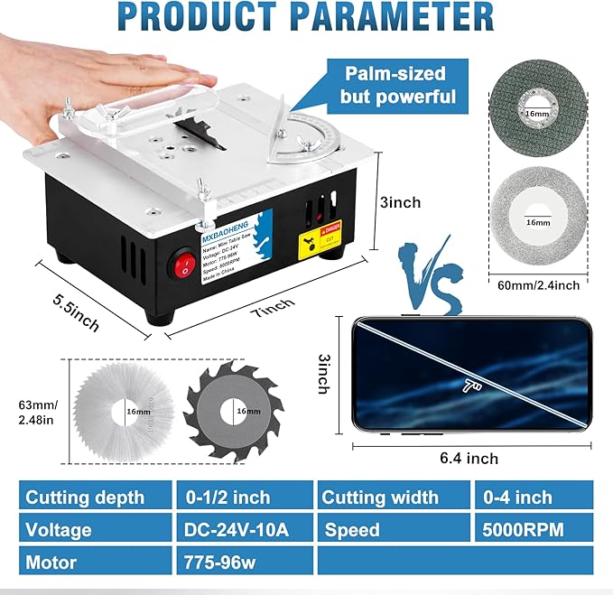 MXBAOHENG Updated Mini Multifunctional Table Saw with Cutting & Sanding Switch, Small Portable Hobby Table Saw for DIY Crafts, Model Making, Wood/Plastic/Acrylic Cutting, 96W 7-Speed Control