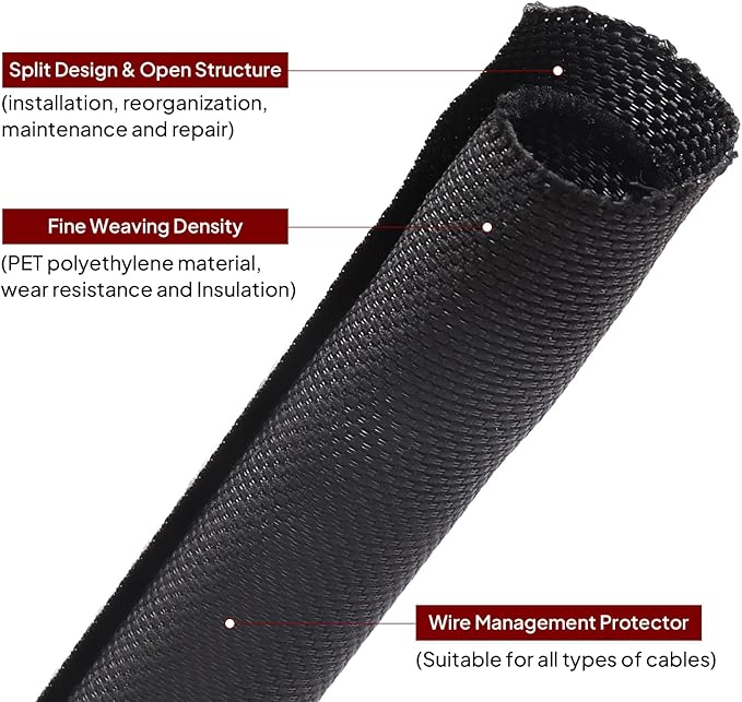 Black Braided Cable Management Sleeves Wire Loom Tubing Cord Protector Self-Wrapping (3/8"-12Feet)