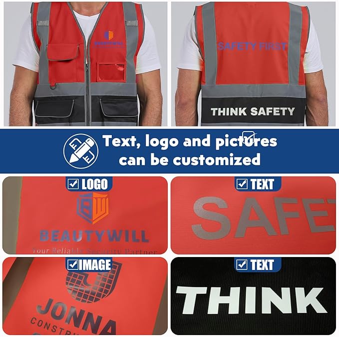 BeautyWill Custom Safety Vest Customized Logo Class 2 High Visibility Reflective Vest with Pockets Construction workwear