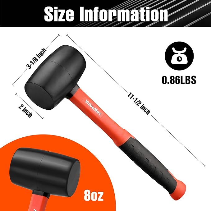 ValueMax 8oz Rubber Mallet Hammer, Fiberglass Handle, Double-Faced Soft Mallet, Soft Blow Tasks without Damage for Camping, Flooring, Tent Stakes, Woodworking