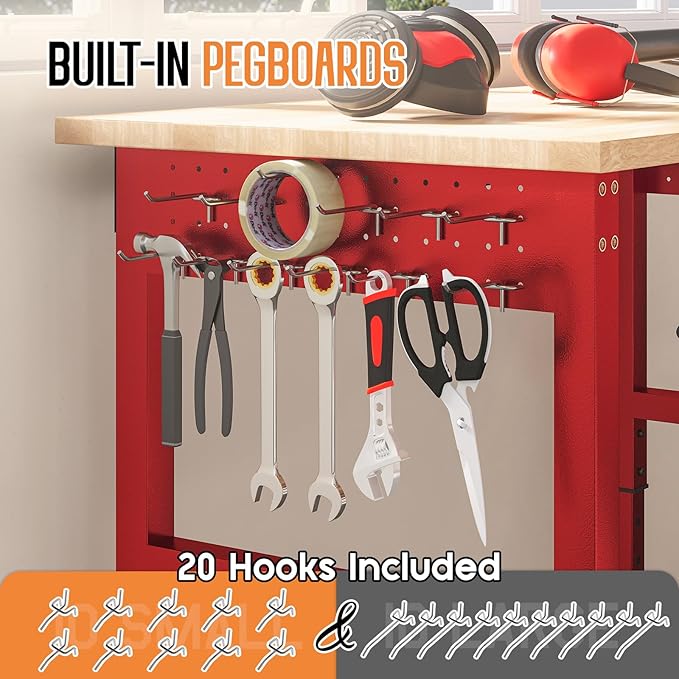 SPECRAFT 72" Red Adjustable Heavy Duty Workbench with 4 AC Outlet and 2 USB Ports Power Outlets, 5000 Lbs Capacity, Rubber Wood Top for Garage, Workshop, Office