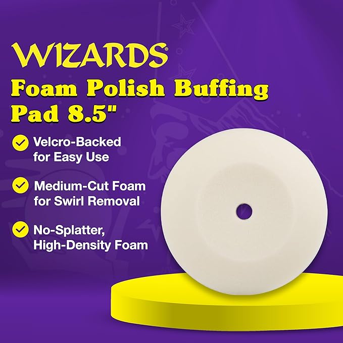 Wizards Foam Polish Buffing Pad - Velcro Backed, Medium Cutting Foam Pad for Car Detailing - ‎No Splatter High Density Foam for Auto Detailing Supplies - 8½" x 1¼"