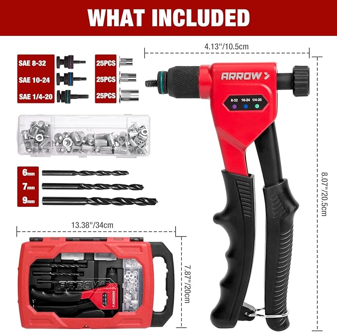 Arrow Rivet Nut Tool, 8" Rivet Nut Gun Kit Designed for Tight Space, Rivet Nut Setter with 3 Pcs Mandrels (8-32, 10-24, 1/4-20), 75 Pcs Rivnuts and 3 Pcs Drills, Sturdy Case Packed