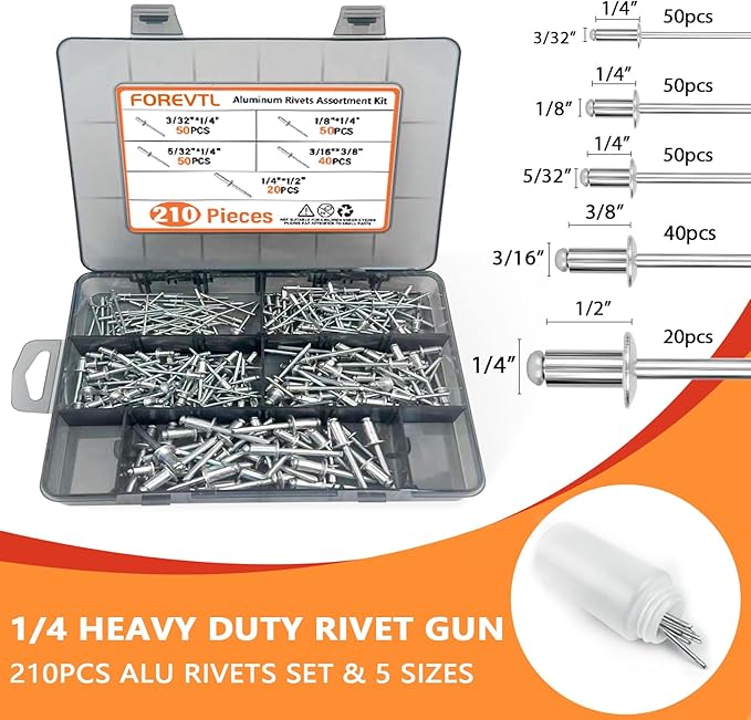 Rivet Gun Kit, 1/4 Pop Rivet Gun Kit with 210Pcs Blind Rivets and 5 Tool-Free Interchangeable Rivet Heads, 13" Heavy Duty Manual Hand Riveter Tool for Metal, Plastic & Automotive