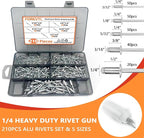Rivet Gun Kit, 1/4 Pop Rivet Gun Kit with 210Pcs Blind Rivets and 5 Tool-Free Interchangeable Rivet Heads, 13" Heavy Duty Manual Hand Riveter Tool for Metal, Plastic & Automotive