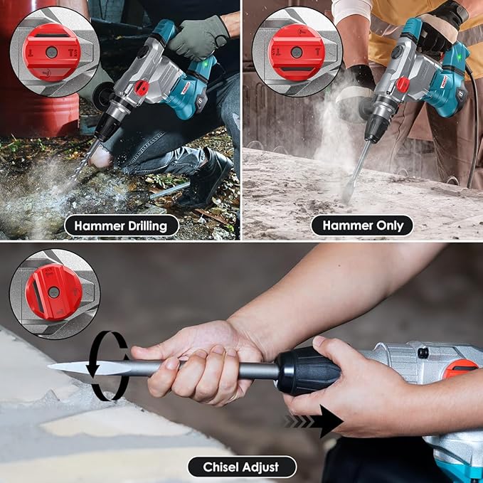 ENEACRO SDS-Max Heavy-Duty Rotary Hammer Drill 9 Ft.lbs, 3 Functions with Safety Clutch & Vibration Control 1-9/16" Drilling Capacity in Concrete– Includes Chisel, Drill Bit, and Tool Bag