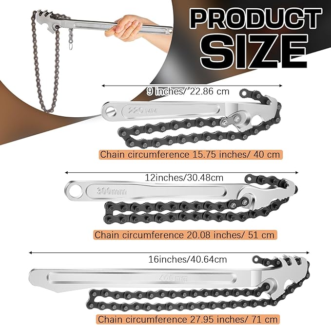 Lasnten 3 Pcs Large Reversible Chain Oil Filter Wrench with 12 16 9 Inch Chain Wrench Adjustable Heavy Duty Carbon Steel Sturdy Pipe Fitting Tool Spanner for Ratcheting Universal(Silver)