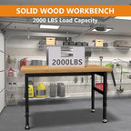 48" Work Bench, Adjustable Height Workbench with Rubber Pad, Heavy-Duty Solid Wood Work Table with Power Outlets, 2000 LBS Capacity Workstation for Garage, Workshop, Office, Home
