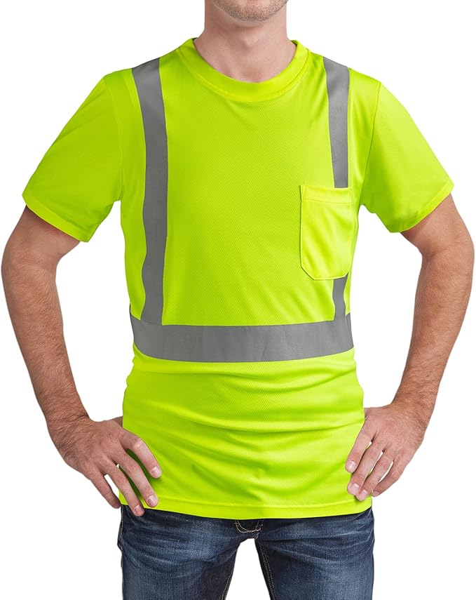 High Visibility Shirts Quick Dry Safety T Shirts with Reflective Strips and Pocket Short Sleeve Mesh Hi Vis Construction Work Class 2 Shirt for Men/Women Lime,XL