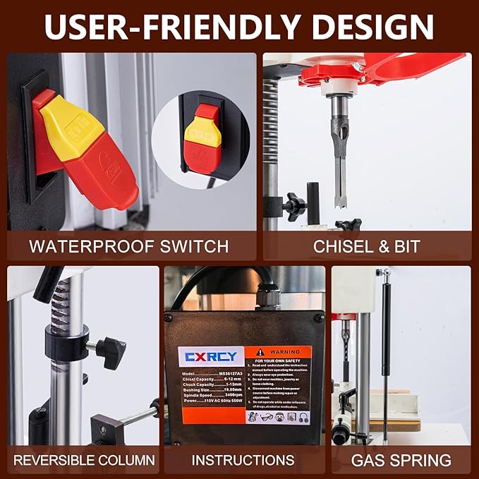 Benchtop Mortiser, 3400RPM 3/4HP Woodworking Mortising Machine with 1/4", 3/8", 1/2" Chisels Wooden Workbench, Benchtop Drill Press for Making Round Holes Square Holes Or Special Square Holes
