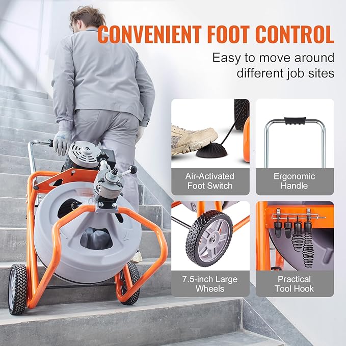 VEVOR Drain Cleaner Machine 75FT x 1/2 Inch, Auto Feed Sewer Snake Drain Auger on Wheels, Portable Drain Cleaning Machine with 8 Cutters & Air-activated Foot Switch for 2" to 4" Pipes