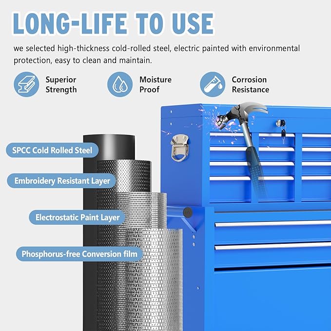 8 Drawer High Capacity Rolling Tool Chest, Metal Tool Box with Wheels and Drawers, Detachable Toolbox with Lock, Heavy Duty Tool Cabinet for Workshop, Warehouse and Garage (Blue)