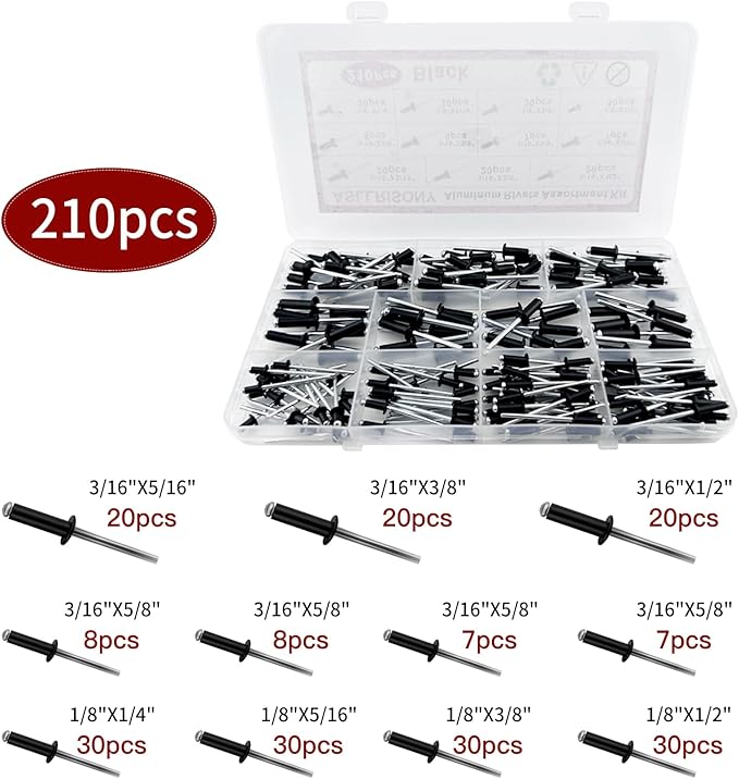 210Pcs Black 3/16'',1/8'' Pop Rivets Assortment Kit, 8 Sizes Aluminum Rivets,Aluminum blind rivets for metal Dome Head rivet kit