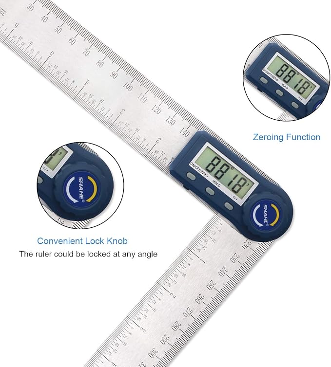 Digital Angle Finder,2 in 1 Digital Protractor, 7 inch / 200mm Stainless Steel Digital Angle Ruler with Zeroing and Locking Function
