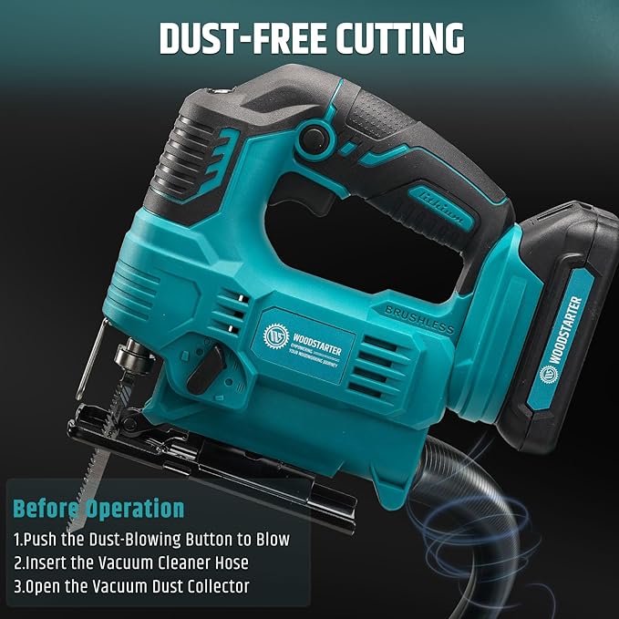 Cordless Jigsaw for Makita 18V, Brushless, 1000-2900SPM, 4-Position Orbital, 65mm Wood/Metal/PVC Cutting, Vacuum, LED Light, T-Shank Blade, with Battery & Charger, 0°-45°Bevel Cuts