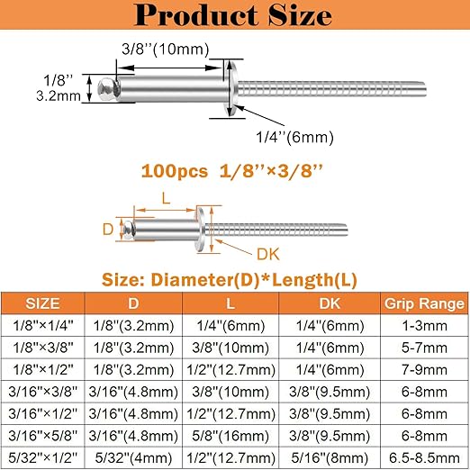 100pcs 1/8 x 3/8 inch 304 Stainless Steel Pop Rivets, 3.2 x 10mm Blind Rivets for DIY/Automotive Repairs/Furniture