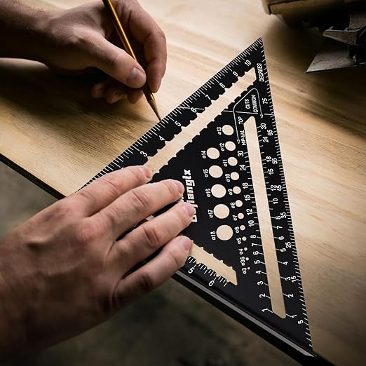 Carpenter Square 7 and 12 Inch Set, Aluminum Rafter Square Framing Suqare Double Scale Triangle Ruler, Protractor Measuring Hole for Woodworking and Carpentry Layout Tool Black with 2 Pencil