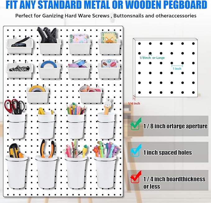 64 Pieces Pegboard Bins Pegboard Cups with Hooks and Loops Peg Hooks Assortment Organizer Accessory for Organizing Accessories Tools Storage Office Workshop Garage Workbench (White)