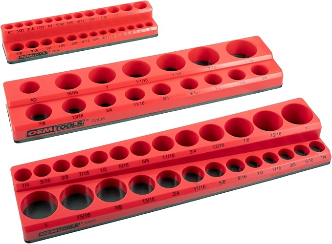 OEMTOOLS 22484 3 Piece SAE Magnetic Socket Tray Set, Magnetic Socket Organizers for Toolboxes, Rubberized Base, Holds Up To 68 Sockets, Red Socket Holder