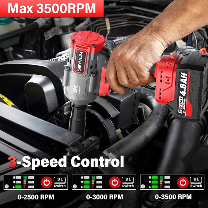SEYVUM Cordless Impact Wrench, 1/2” Max Torque 600 Ft-lbs / 800 N.m Powerful Impact Gun, 20V 3500RPM Electric Impact Driver, 2 x 4.0Ah Battery & Fast Charger, 6 Impact Sockets, Carrying Case Included