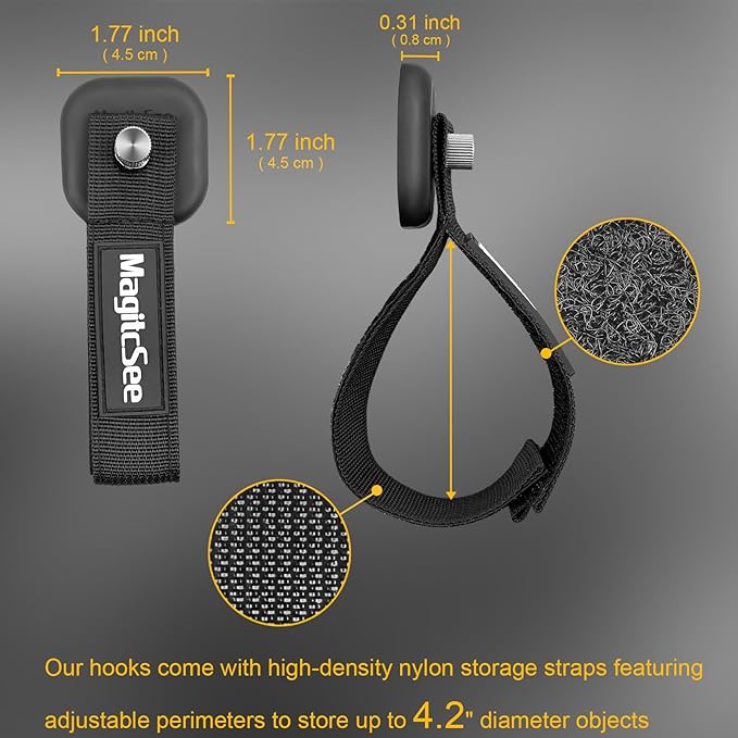 Updated 4 Pack Heavy Duty Magnetic Hook Straps for Extention Cords, Powerful Cruise Garage Storage Hook Ties for Hanging Cables, Garden Hoses Ropes, Workshop Tool Box Magnet Organize Hangers for Tools