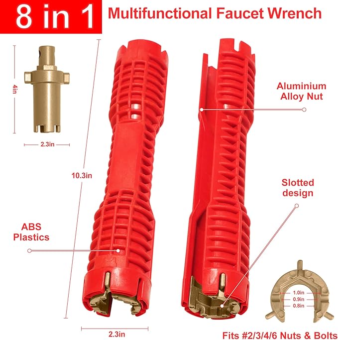 Faucet and Sink Installer（8-in-1）Multi-purpose Wrench Plumbing Tool for Toilet Bowl/Sink/Bathroom/Kitchen Plumbing Repair Installation Hand Tools(red)