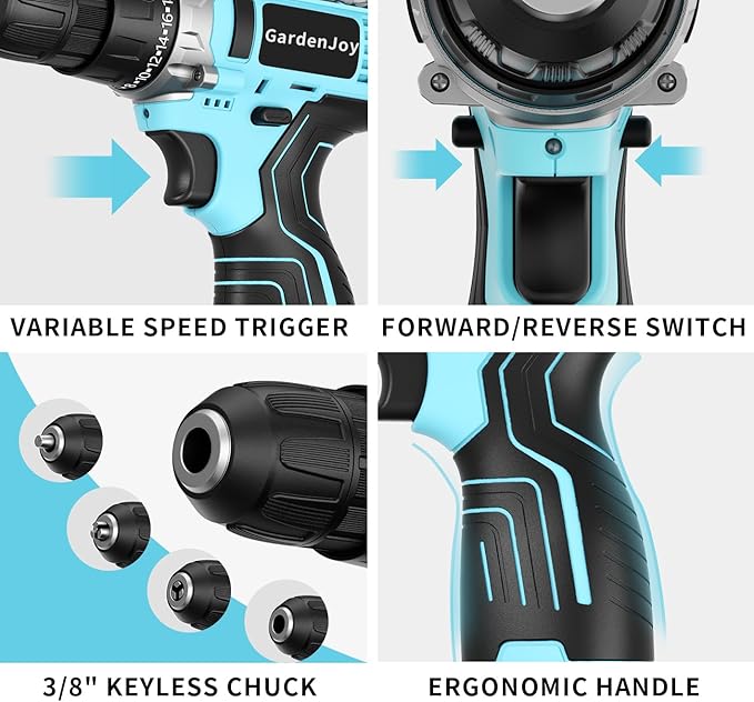 GardenJoy Cordless Power Drill Set: 12V Electric Drill with Battery and Charger, 65pcs Acessories, 3/8"Keyless Chuck, 2 Variable Speed, 24+1 Position, Compact Drill Driver Kit for Home & DIY Project