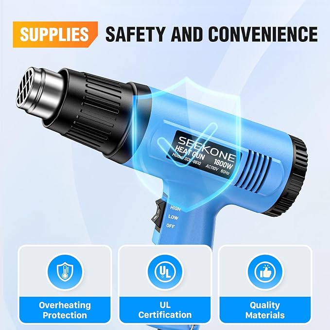 SEEKONE Heat Gun, 1800W Heavy Duty Hot Air Gun Kit Dual-temperature Setting 572℉&1112℉, Hot Heat Gun with Overheat Protection, 4 Nozzles Included, for Shrinking PVC, Stripping Paint, Crafts (5.2ft)
