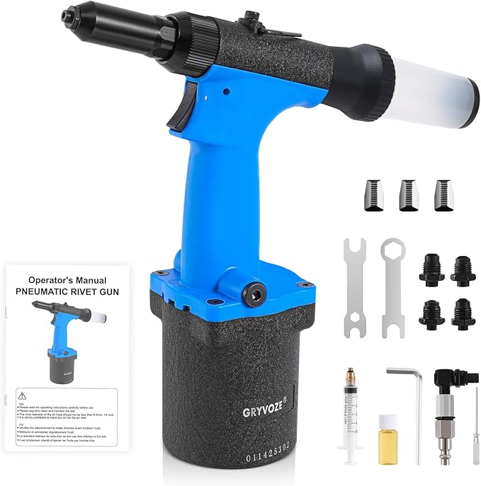 Pneumatic Rivet Gun Air Pop Riveter Tool Kit with 3/32", 1/8", 5/32", 3/16" Rivet Nozzles, Self-Suction Pneumatic Riveting Gun, Upgraded Air Riveter Hydraulic Pop Riveting Rivets Tool