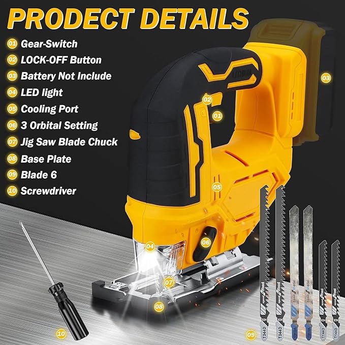 2025 Cordless Jig Saw with LED Light, 0-45° Bevel Cut, 6 Blades, 3 Orbital Settings, Lock-Off Button， 20V Battery，Action for Straight/Curved/Circular Cutting Cordless Jig Saw