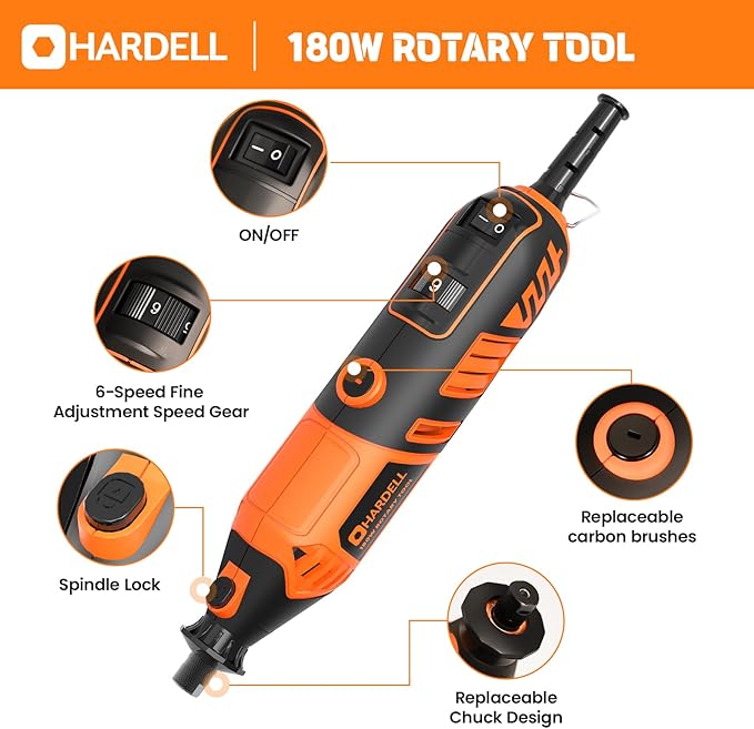 HARDELL Rotary Tool Kit - 180W Corded Power Rotary Tool 6 Variable Speeds with 61 Accessories, 8000-35000RPM, for Sanding, Polishing, Cutting, Engraving,Carving, DIY Crafts