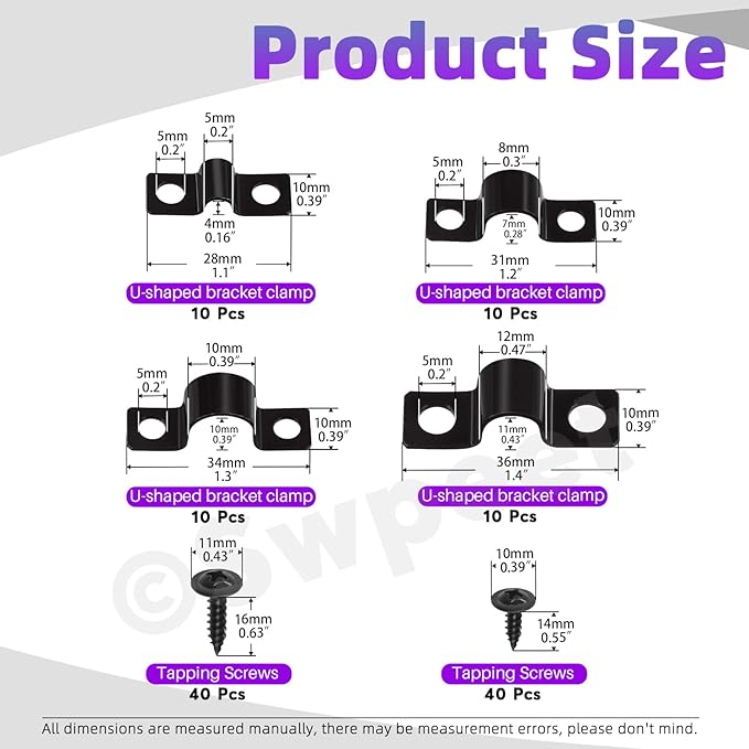 Swpeet 120Pcs 4 Sizes 5mm 8mm 10mm 12mm Two Hole U Bracket Clamp with Screws Assortment Kit, U-Clamps, Metal Pipe Clamps, Pipe Strap Clamps, Conduit, Tension Clips for Fixing Pipe or Cable