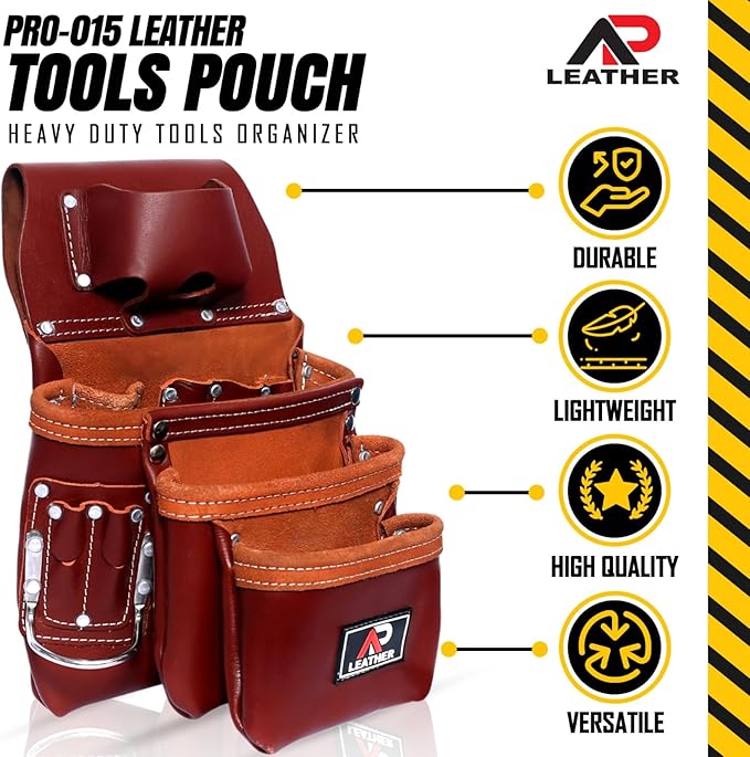 Pro-015 Leather Tool Pouch for Construction,Heavy Duty Hammer Holder,Buckle,3 Pocket Large with Belt, 12 Small Pocket, Tool Organizer